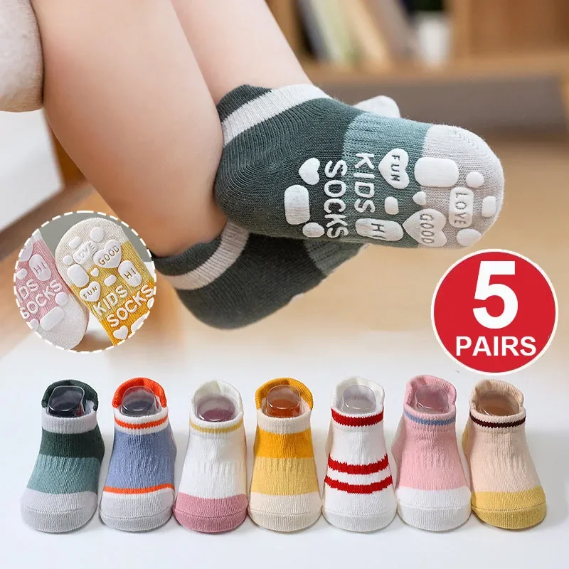 5Pairs Baby Boys Girls Toddlers Non Slip Ankle Socks Set Kids Children Cotton Anti Skid Grip Floor Walking Socks Spring Autumn