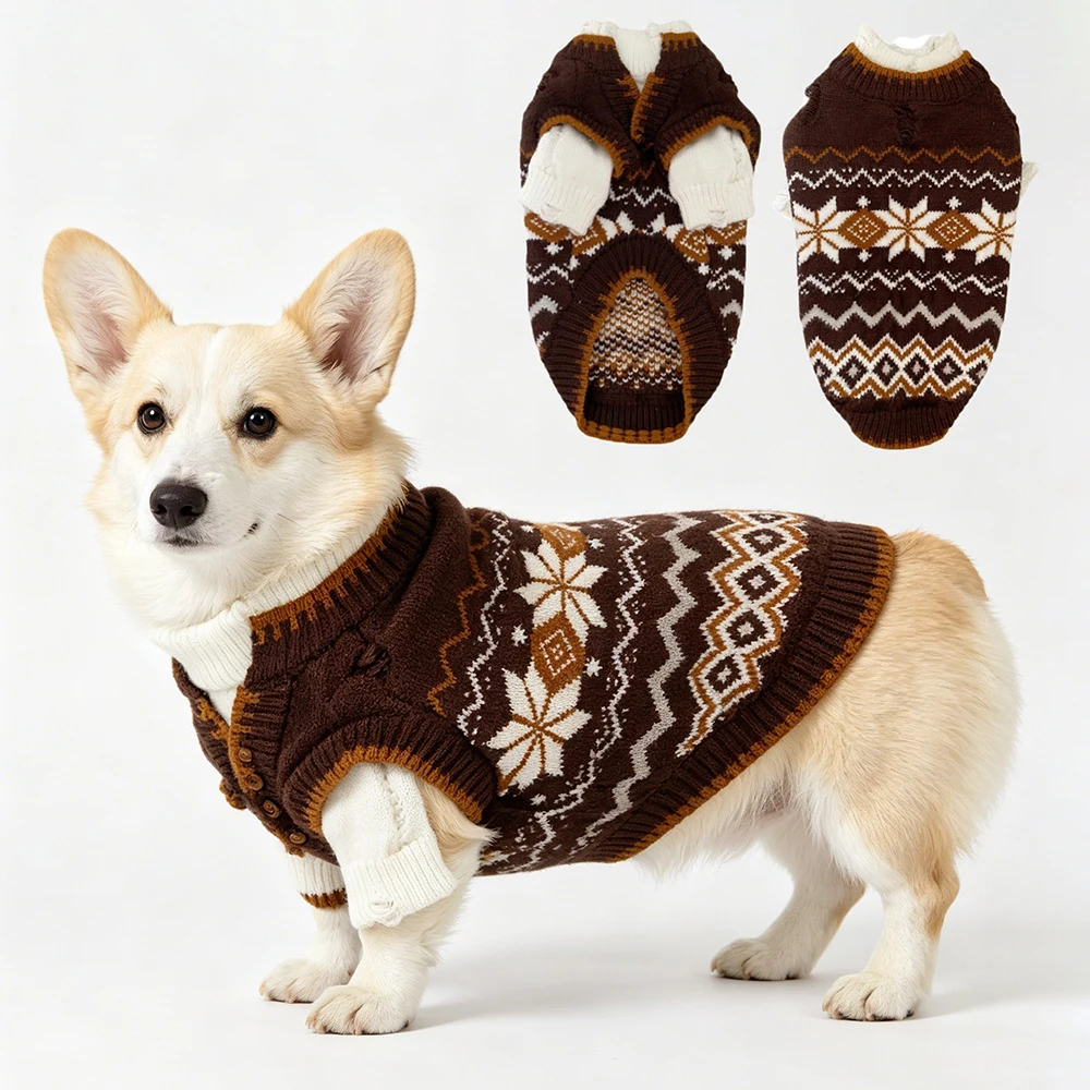 Faux Two-Piece Vintage Jacquard Pet Sweater for Cats or Small Dogs Stretch Knitted Fall/Winter Pet Clothes Puppy Bichon Pullover