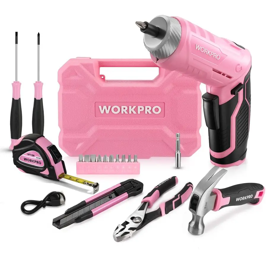 

Pink Tool Set with 3.7V Rotatable Electric Screwdriver, 18PCS Portable Ladies Home Tool Kit with Toolbox, Cordless Electric Scre