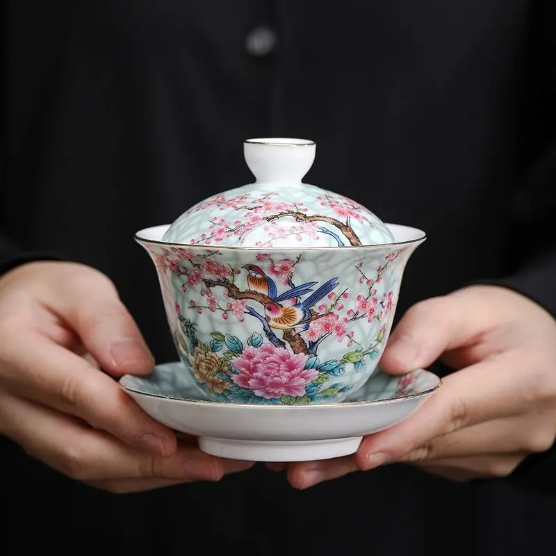 Handmade Enamel Dehua White Porcelain Sancai Gaiwan 3 Piece Set Large Single Kung Fu Tea Bowl for Brewing Home Office Use Gift