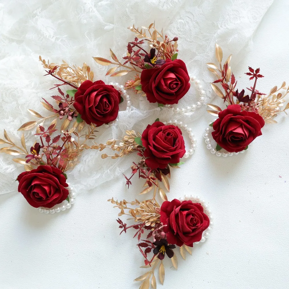 Purpurrote Handgelenk-Corsage und Boutonniere-Blume am Handgelenk für Braut, Brautjungfer, Hochzeit, Boutonniere für Männer, Bräutigam, Trauzeuge, Hochzeit – Detail 2
