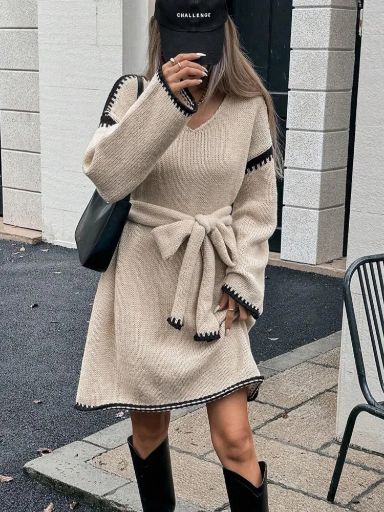 

Dress For Women Slouchy Fashion Waist Tie Dresses Loose Knit V-neck Long Sleeve Fall Mid-length Comfortable Breathable Vestidos