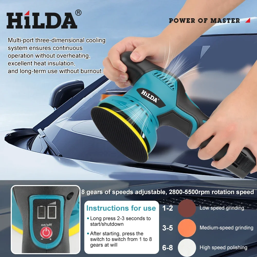 HILDA Cordless Car Polisher Waxing Polishing Machine Digital Display Version 8 Speed Adjustable Multifunctional Car Beauty Tool