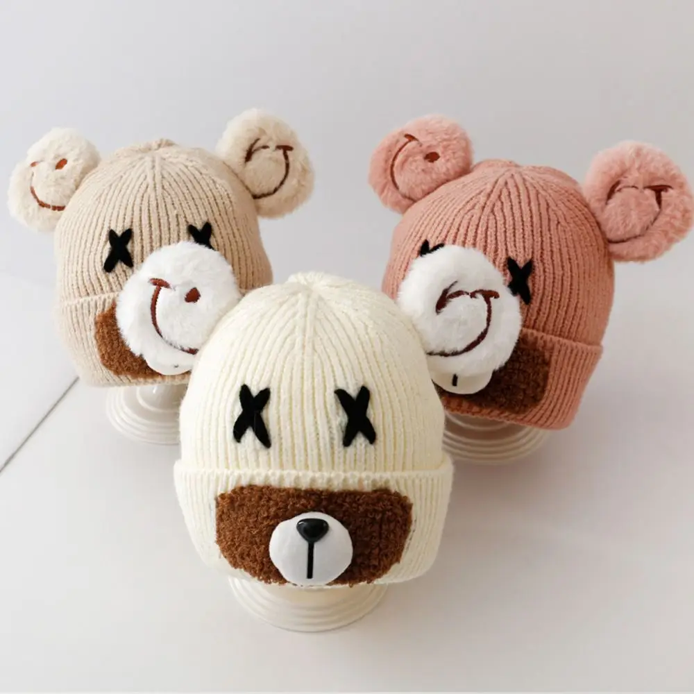 Cute Cartoon Bear Ear Protection Knitted Hat Solid Color Thermal Hat Baby Beanie Cap Wool Skullies Kids Crochet Hats Toddler