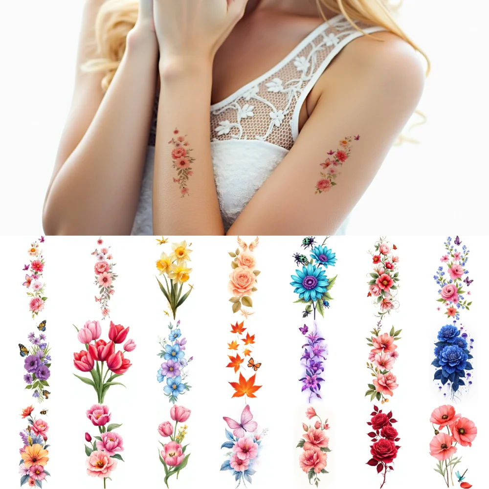 

9pcs Temporary Tattoo Pink Cherry Blossoms Colorful Blue Chrysanthemums Pink Peonies Waterproof Long-lasting Body Stickers For