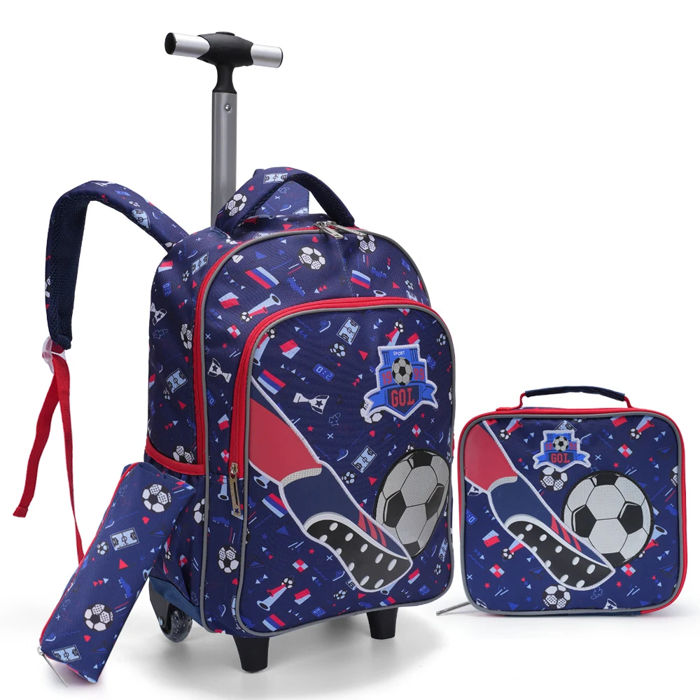3pcs-rolling-backpack-for-boys-kids-wheeled-school-bookbag-with-lunch-and-pen-bag-blue-soccer-design-glow-in-the-dark-function