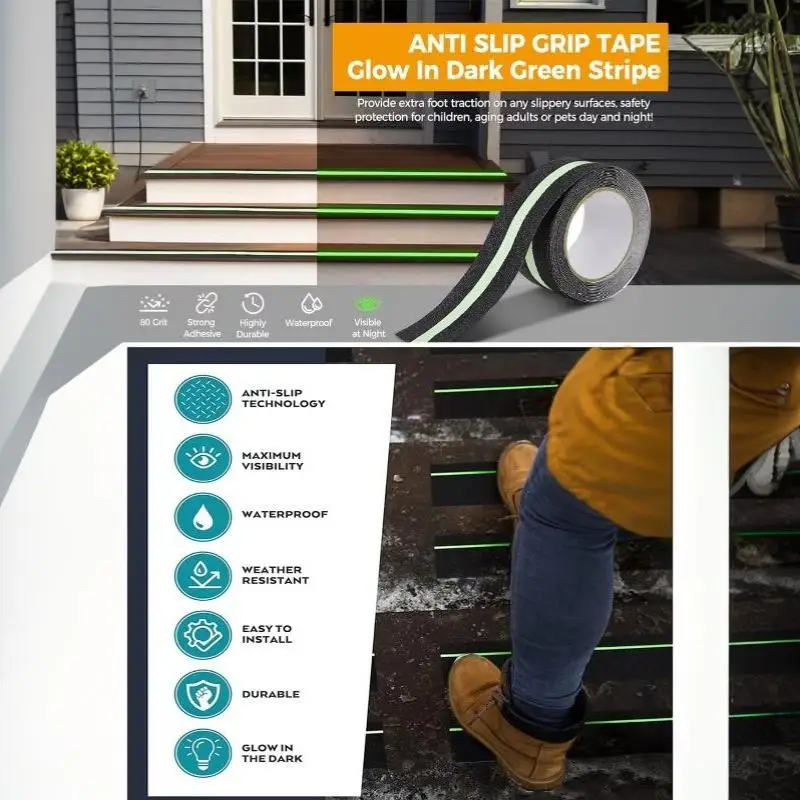 1 Roll Anti Slip Safety Grip Tape Green Glowing In The Dark High Traction Grit Stairs Tape Hazard Caution Warning Tape For Steps