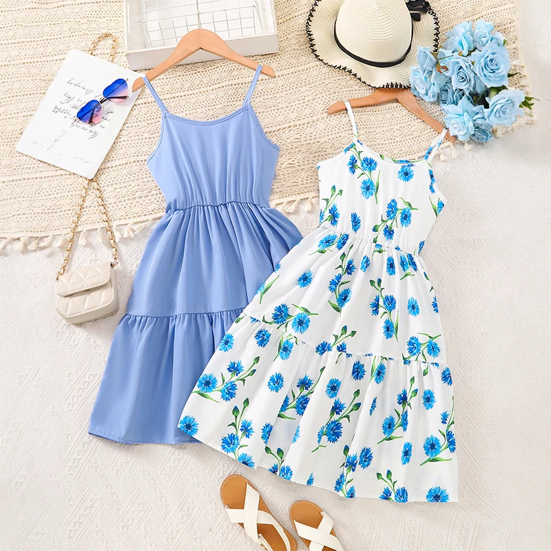 Spring/Summer Women's Middle School Big Boy Girl Cute Shoulder Strap Solid Color&Flower Printed Puff Dress Two Piece Set