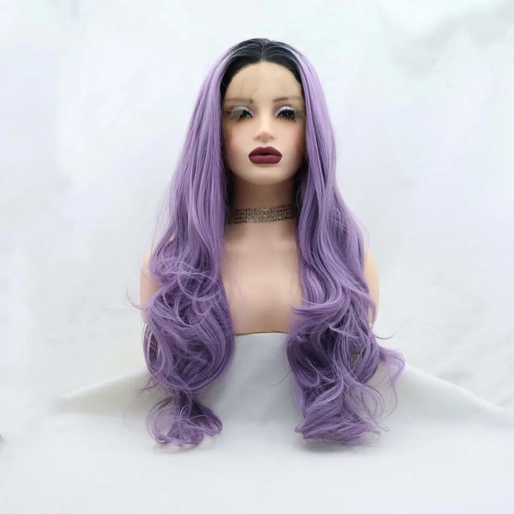 سيلفيا الباروكات الاصطناعية الأرجواني الدانتيل الجبهة الباروكات مع جذور داكنة طويلة متموجة الباروكات ألياف مقاومة للحرارة شعر مستعار #1