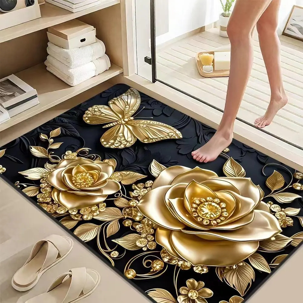 Floating Gold Flower Design Floor Mat Soft Touch Surface Easy Clean Foldable Edge Sealed for Modern Home