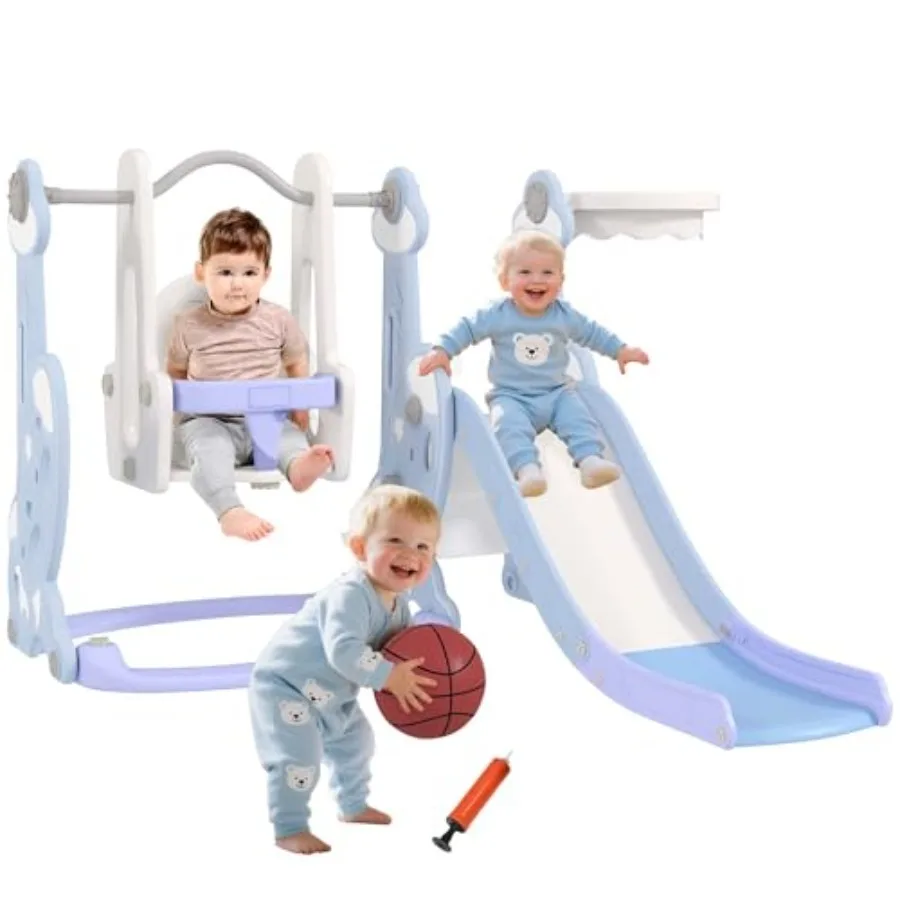 

Набор горки и качелей для малышей в помещении с баскетбольным кольцом-ракетой, светло-голубой игровой набор 4 в 1 для детей от 1,5 до 4 лет