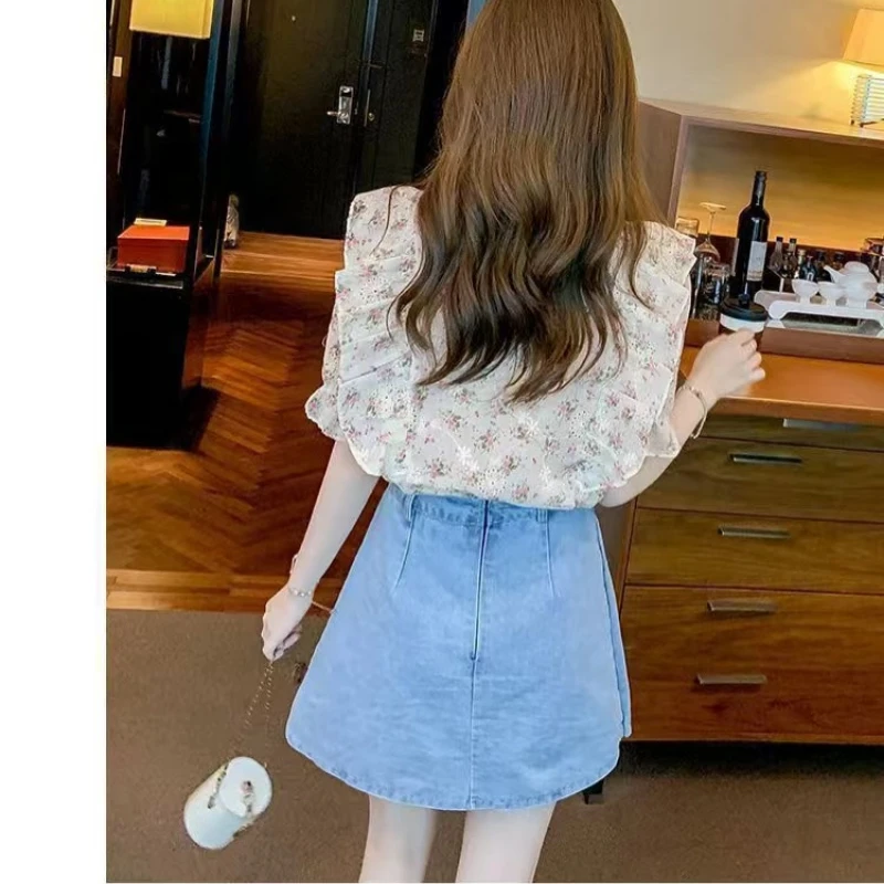 Floral Chiffon Ruffles Elegant Shirt Tops Summer New Short Sleeve Thin Printing Fashion Blouse Temperament Korean Women Clothing