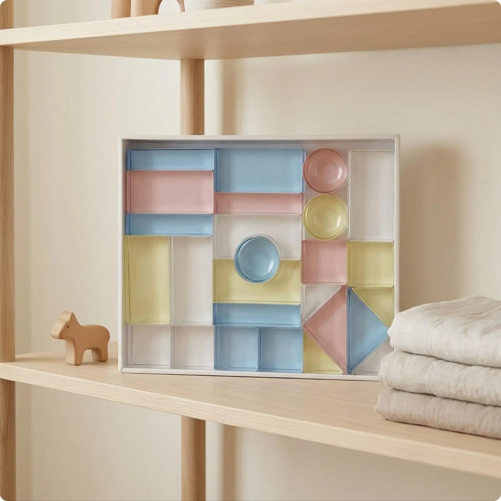 Geometric Shape Building Blocks for Toddlers Light Catcher Acrylic Stacking Toys Sensory Learning Play Set with Storage Tray