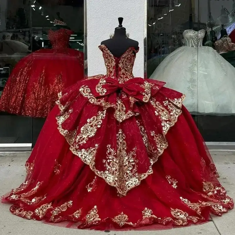 Customized  Glittering Burgundy Quinceanera Dresses Gold Beading Lace Appliques Lace Vestidos De 15 Anos Birthday Party