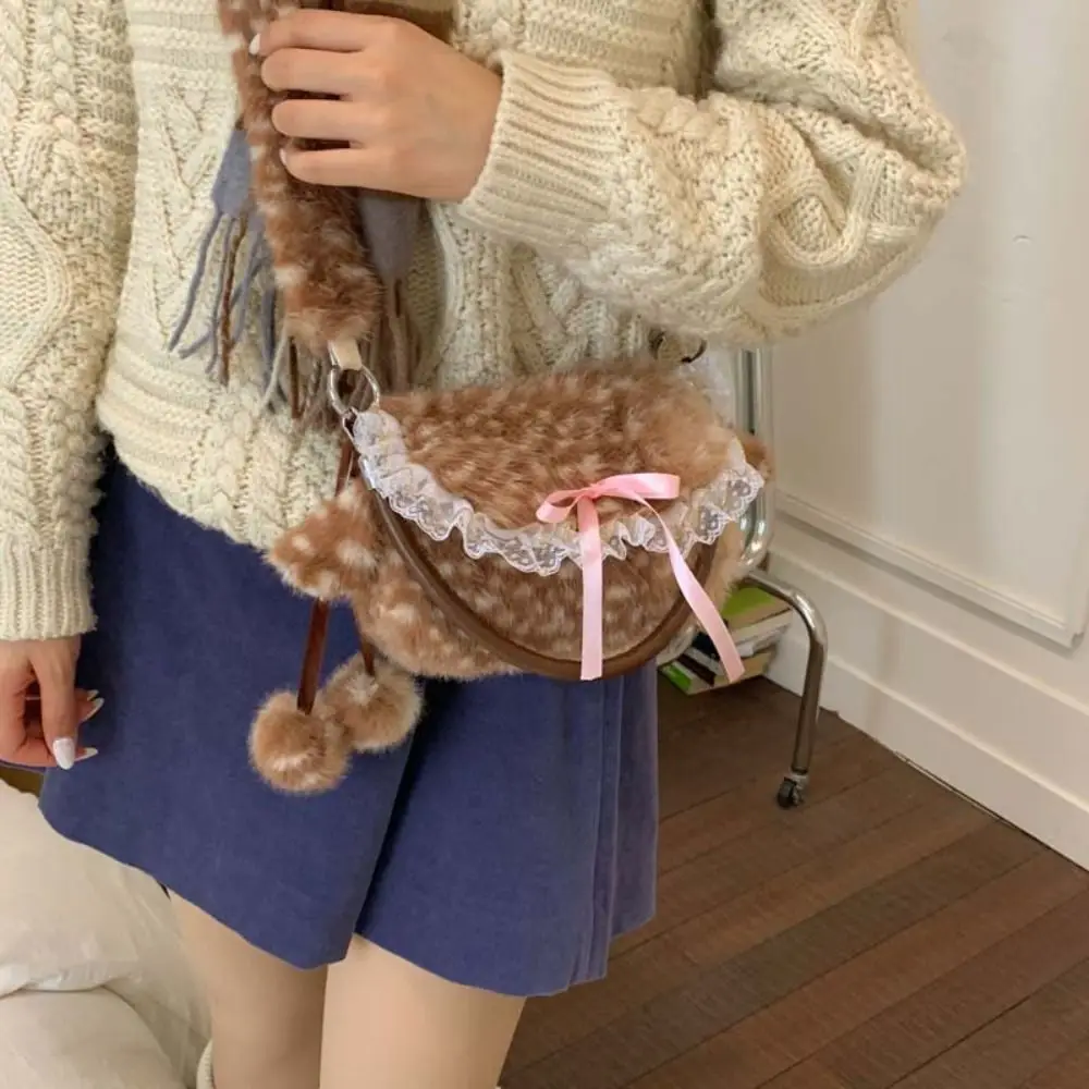 

Creative Lace Deer Spotted Shoulder Bag Y2k Cute Crossbody Bag Shoulder Pouch Lightweight Furry Handbag Autumn Winter