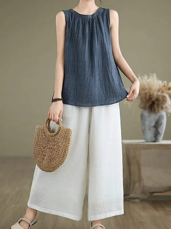 2025年新作 夏用 ルーズ コットンリネンベスト レディース ファッション プリーツ入り スリムトップ エレガントな質感 細見え効果 可愛いスタイル