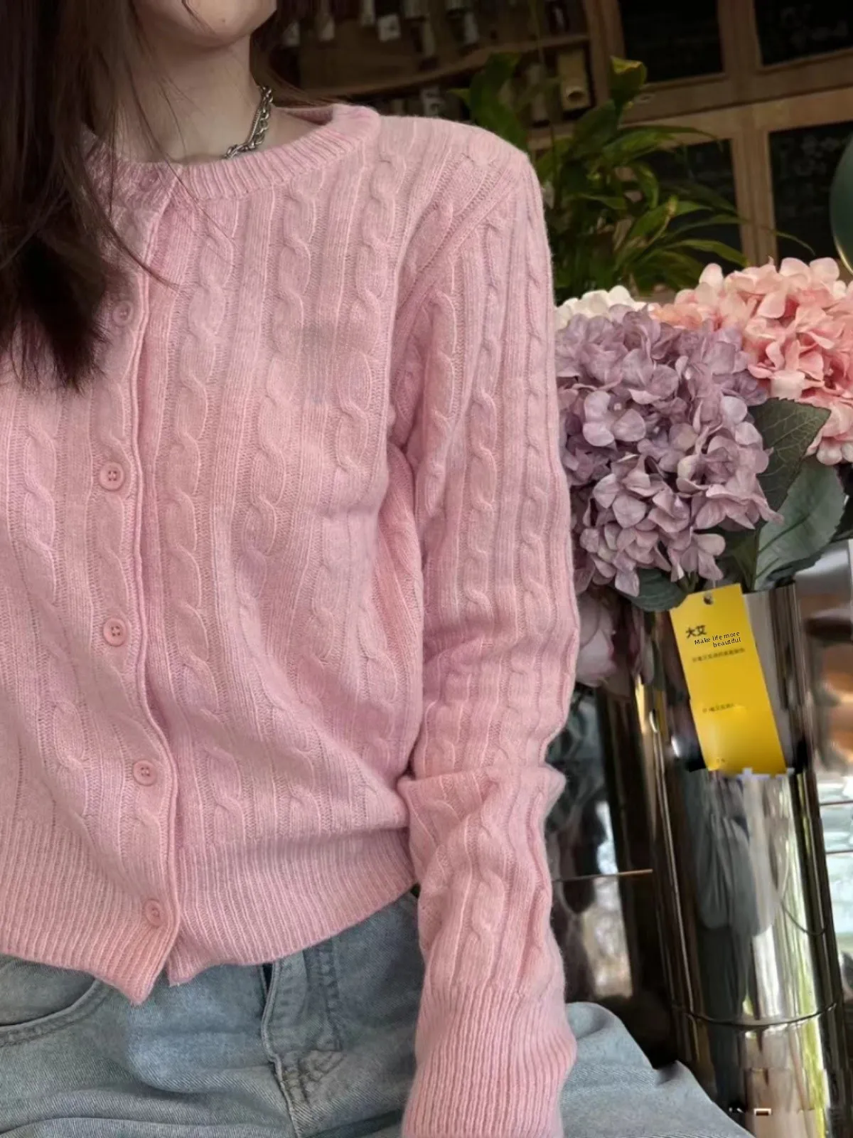 

CallMeBaby Embroidered Love Knot ort Svel Knitted Sweater Coat Women's Autumn Faion Versatile Korean Sle Button D...