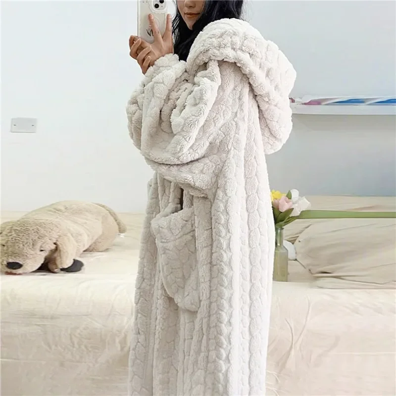 

Homewear Warm Women Hooded Sleeping Sleepwear Nightdress Pajama Fleece Wears Piece Winter Night Robe One Pocket For Nightgown