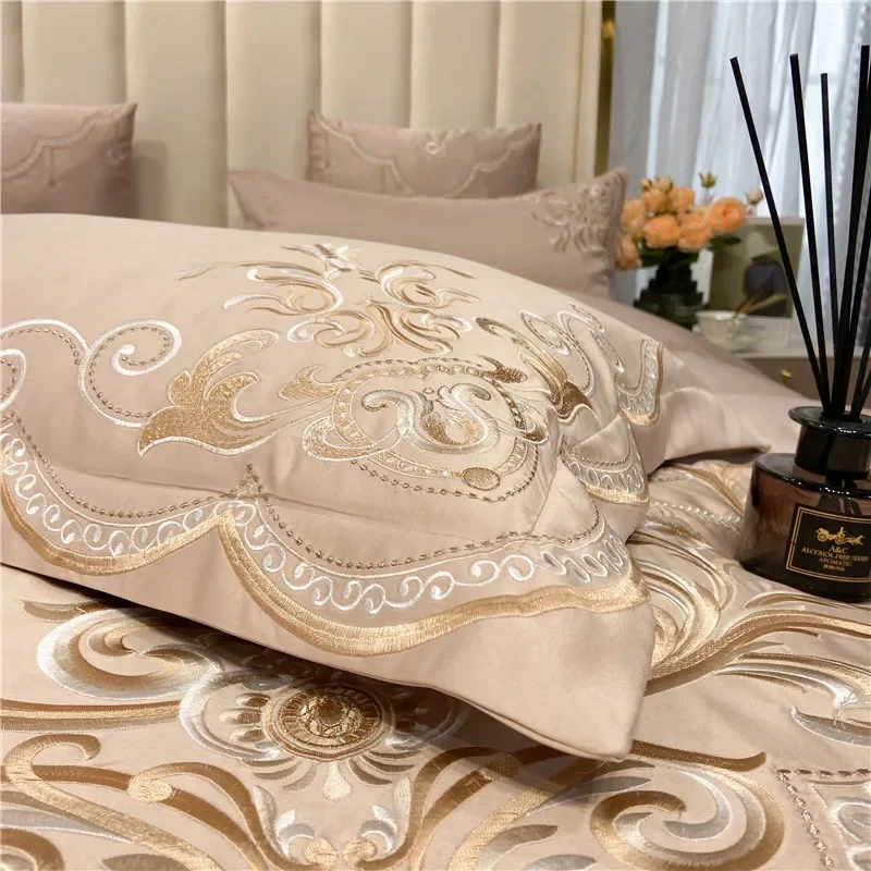 European-Style Bed Sheet Four-Piece Set 100% Cotton High-End Atmospheric Ice Silk Quilt Cover Pure Cotton Bedding Set Queen Kin