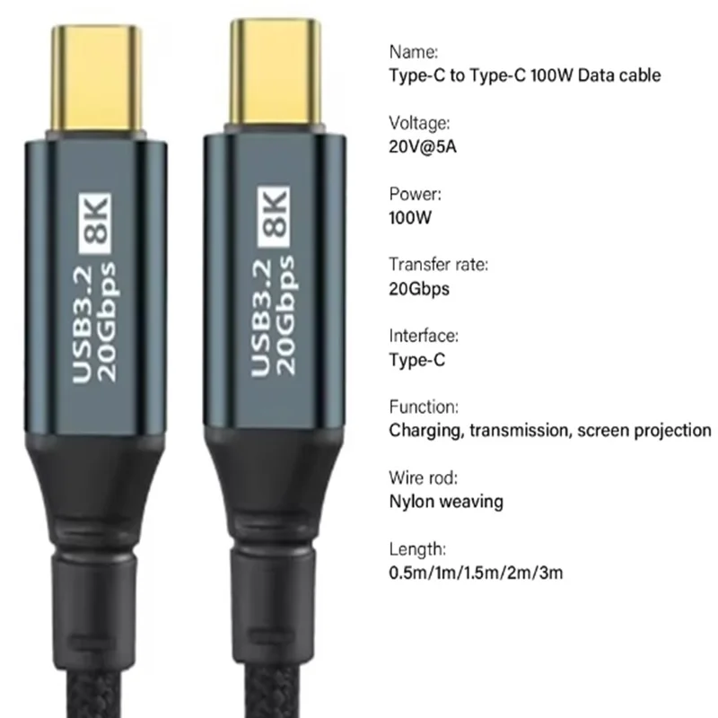 1m 2m 3m Type C USB 3.2 20Gbps ThunderBolt 3 8K Extend Data Cable Cord  PD100W Fast Charging Cable For iPhone 15 Pro Max MacBook
