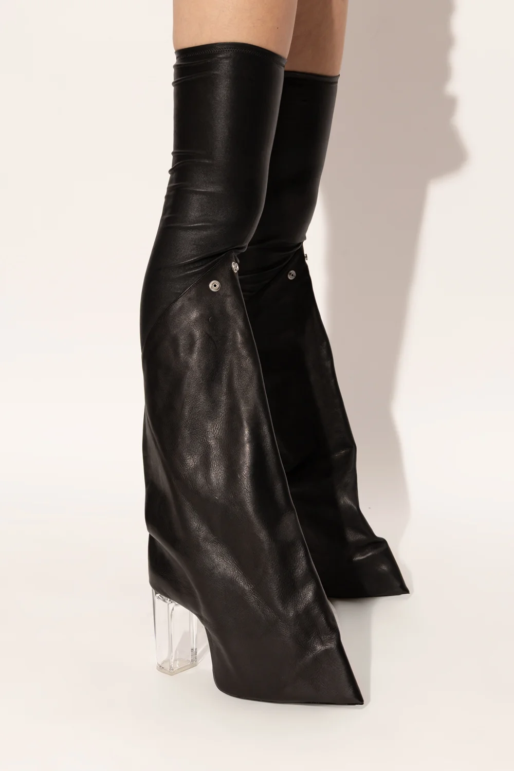 Avant Garde Style Ladies Stretch Leather Thigh High Over Knee Boots Pointed Toe Unique Heel Tall Boots for Fashion Show