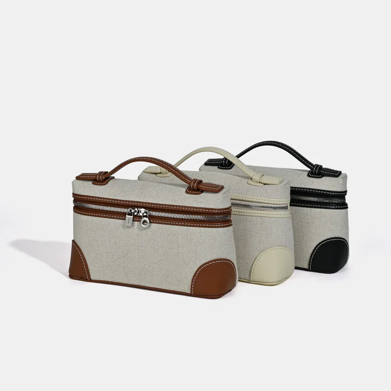 

2025 New Summer Women's Leather With Canvas Lunch Box Gigi Same Style Handheld Crossbody Small Square Bag Female Top-handle Bags