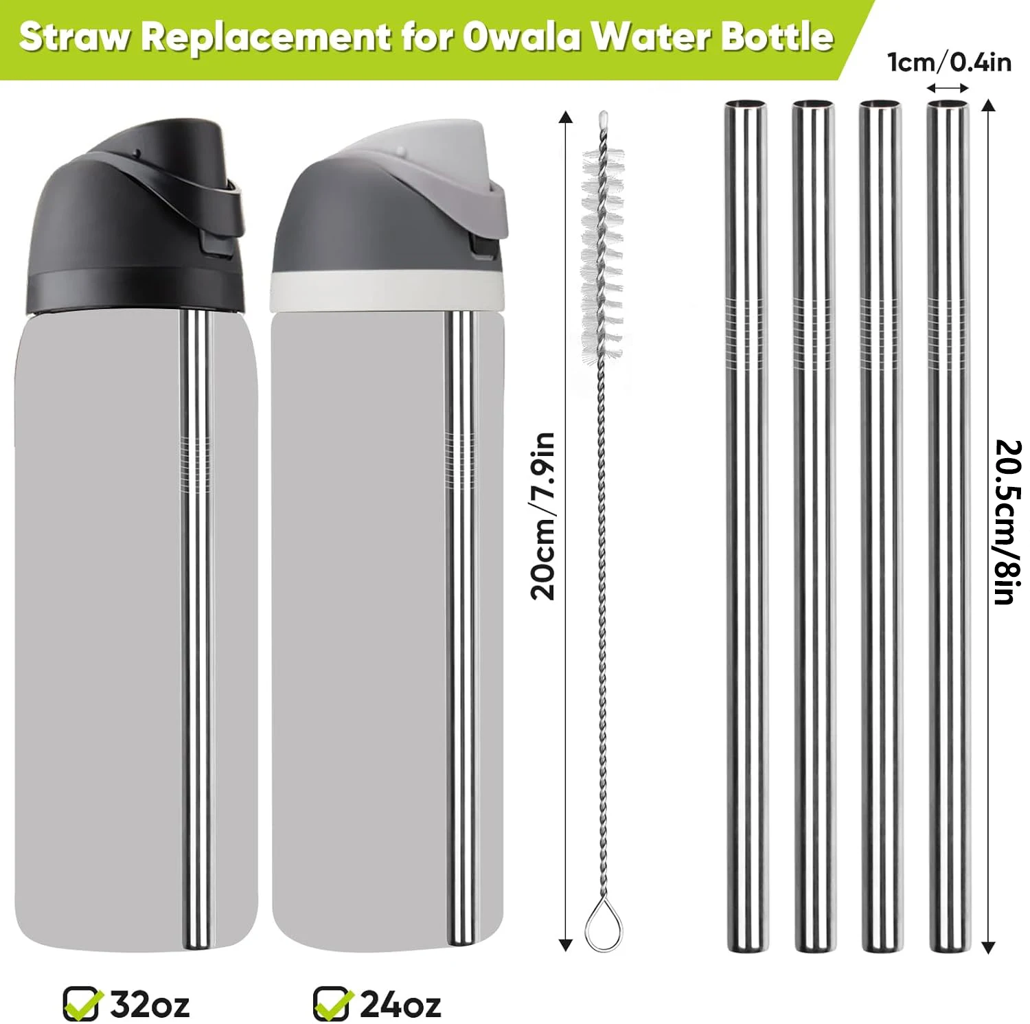 2/4/6Pcs Metal Replacement Straws for Owala Water Bottle 24 oz 32 oz, With 1 Cleaning Brush, Reusable Stainless Steel Straws