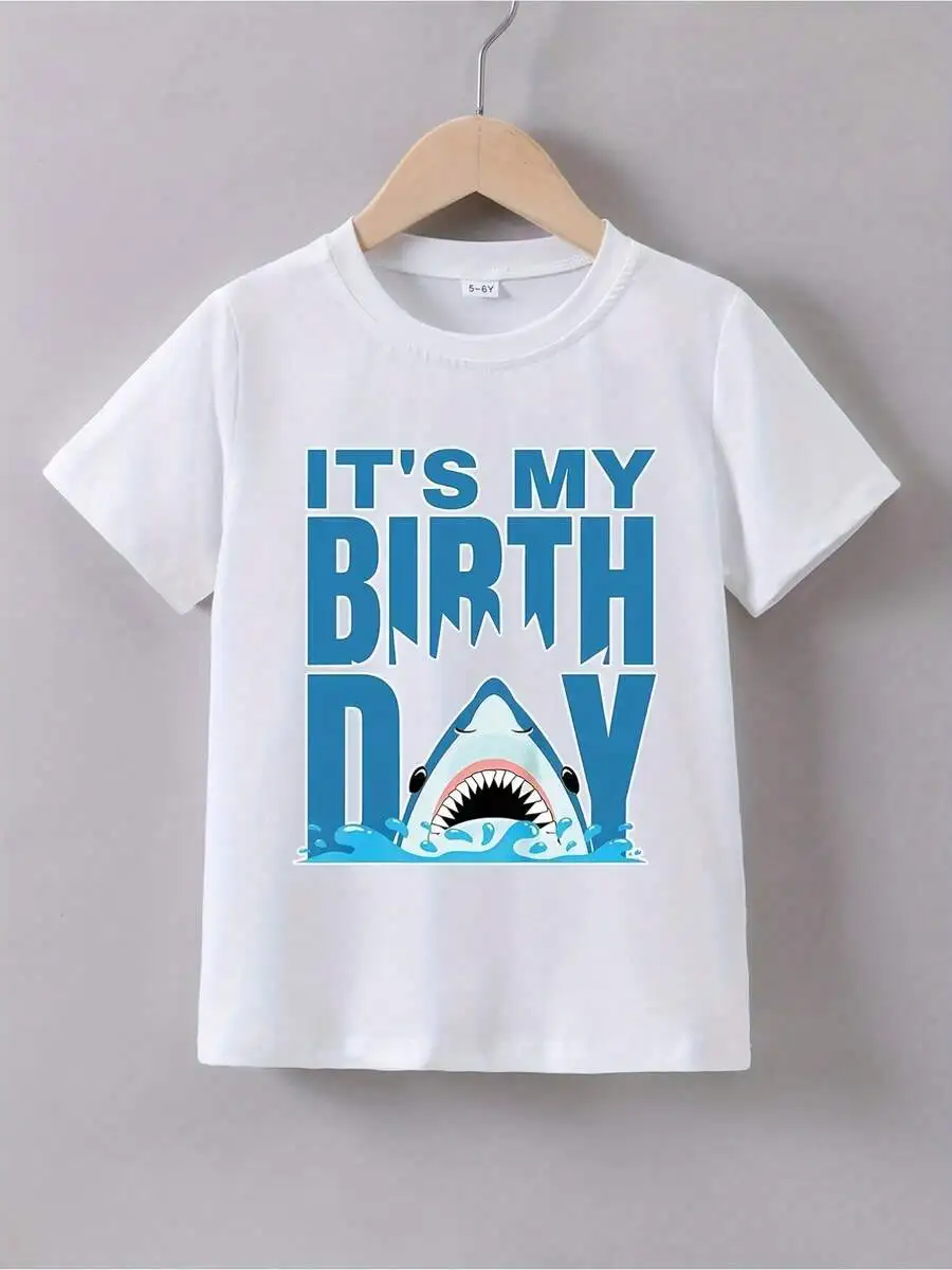 Teenage 'This Is My Birthday' Shark T-Shirt - Breathable Mesh Short Sleeve T-Shirt, Black With Blue Shark Design Suitable For Su