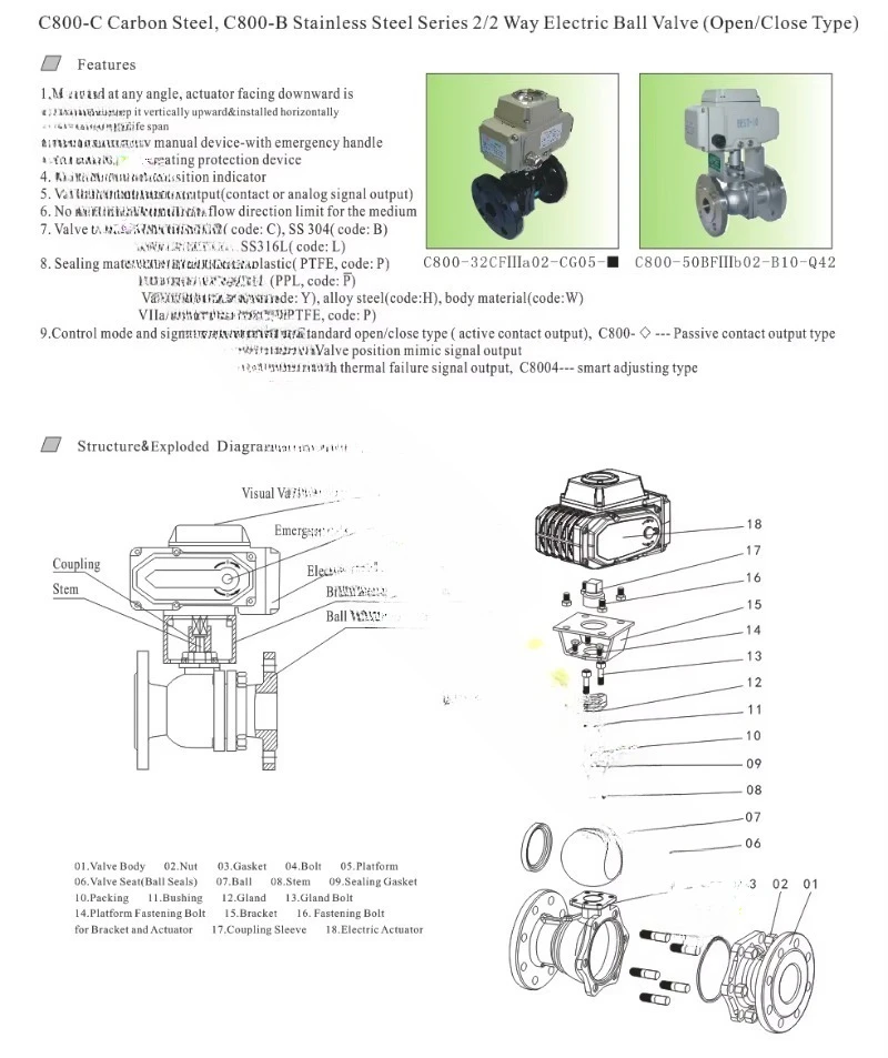 C800 SS304 SS316 Carbon Steel Stainless Steel 2 Inch 3 Inch 2/2 Electric Ball Valve with 4 20ma Electric Actuators