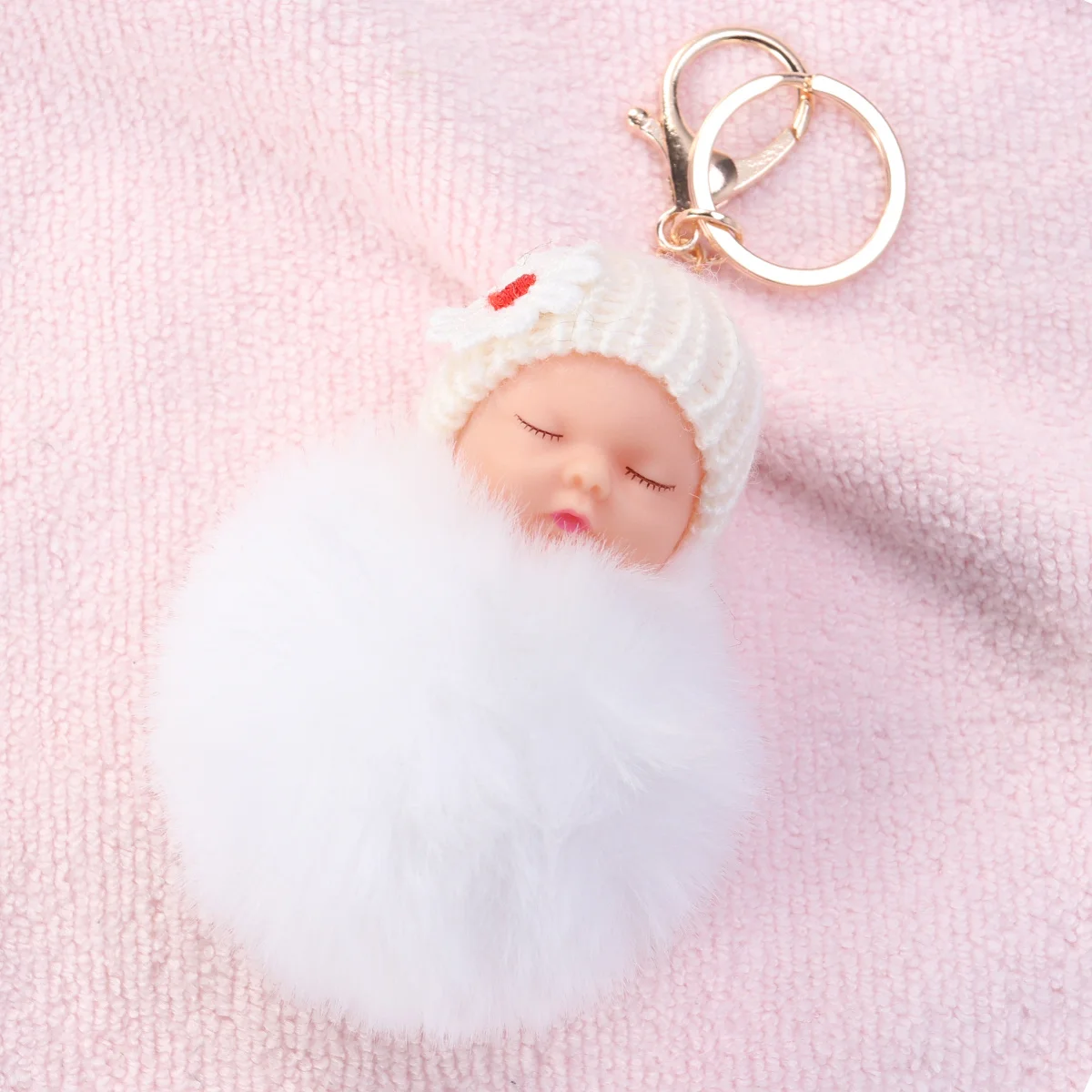 

Sleep Baby Ball Pompom Key Chain Pendant Soft Cute Accessory Bag Car Phone Charm Keyring Light Pink Easy Match Gift for Women