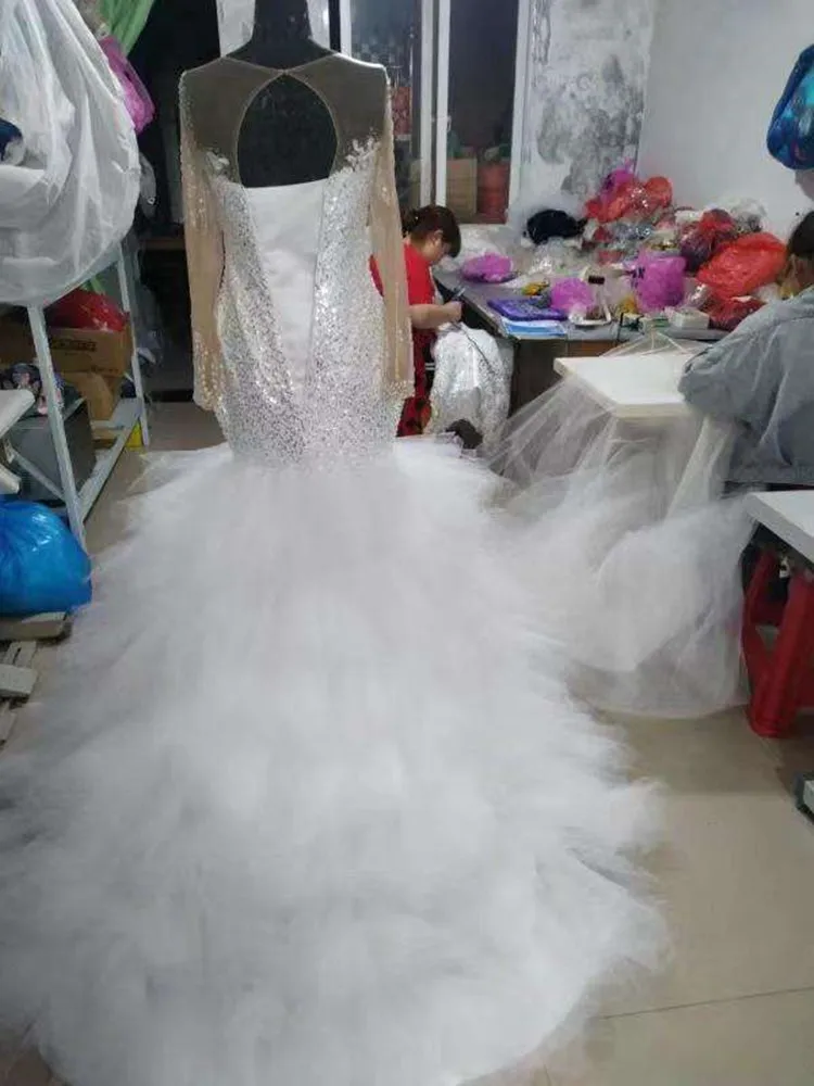 Vestido De novia De sirena con cuello redondo, Vestido De novia De manga larga con cuentas De lentejuelas, hecho a mano, Moderno