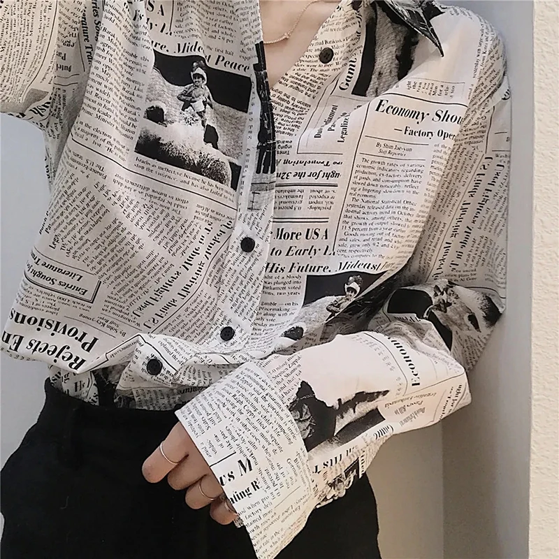 Gidyq Fashion Women Chiffon Shirts Korean Casual Newspaper Print Female Loose Tops Bf Streetwear All Match Shirts