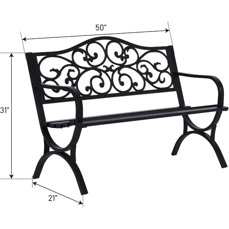 50 Inches Outdoor Garden Bench, Cast Iron Metal Frame Patio Park Bench with Floral Pattern Backrest