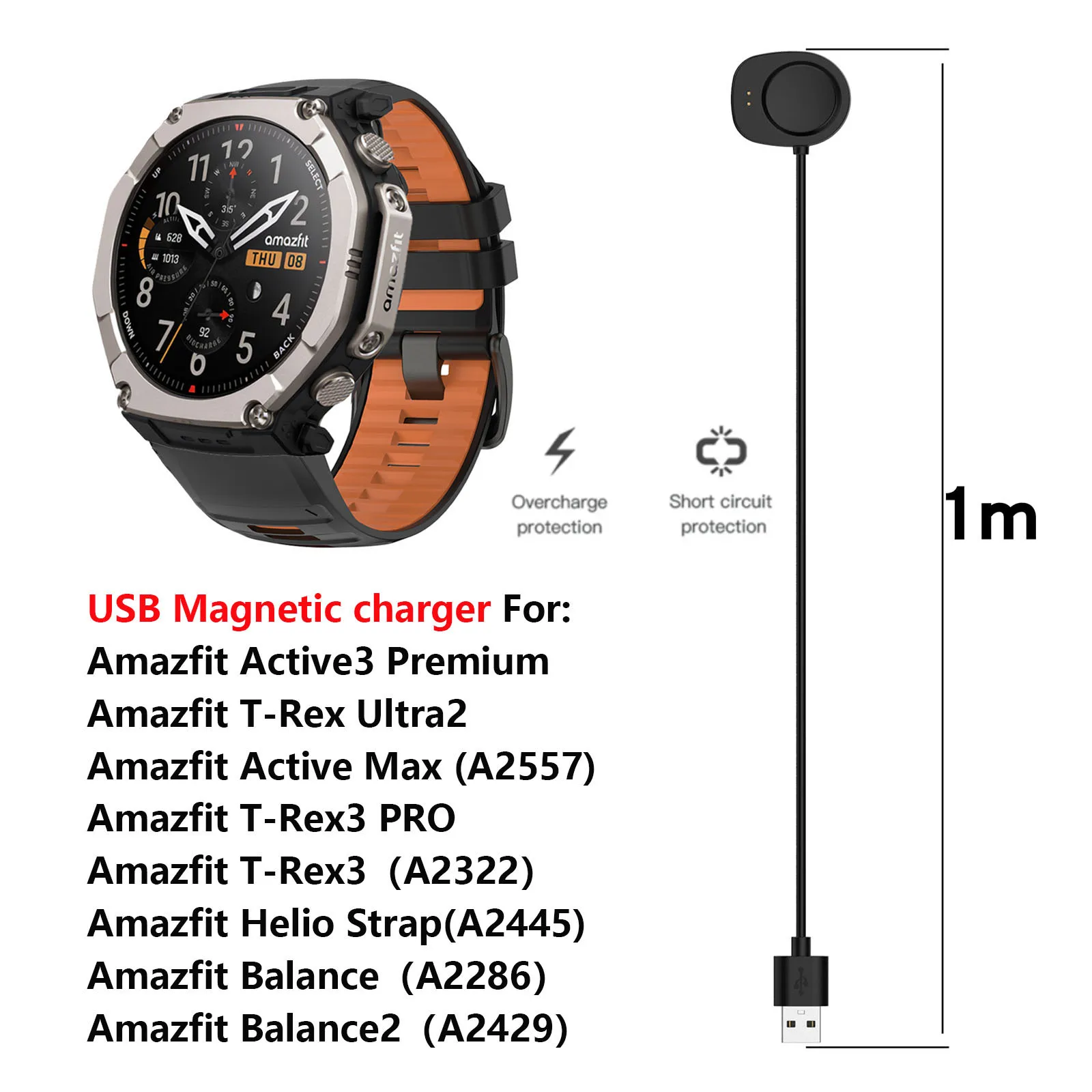 USB Magnetic Charging Cable For Amazfit T-Rex Ultra 2/T-Rex 3 PRO Balance 2 Helio Strap Active Max Smart Watch Charger Dock