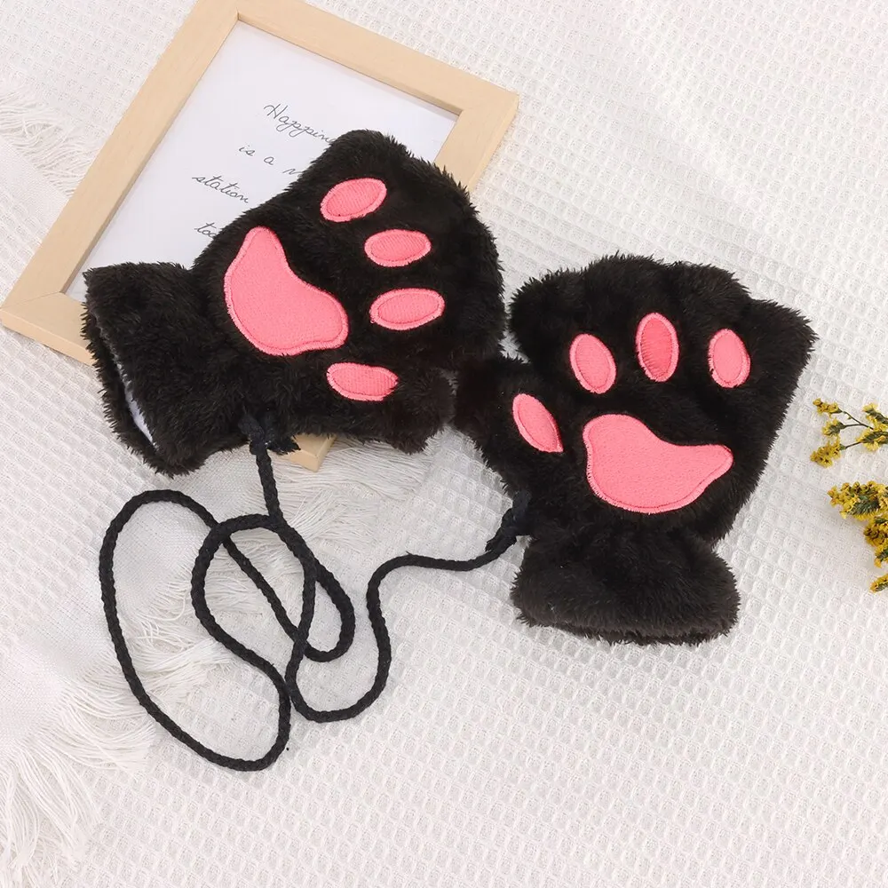 2Pcs Sets Cat Paw Gloves Winter Cute Cartoon Girl Open Finger Gloves Bell Headband Fox Cat Ear Headwear