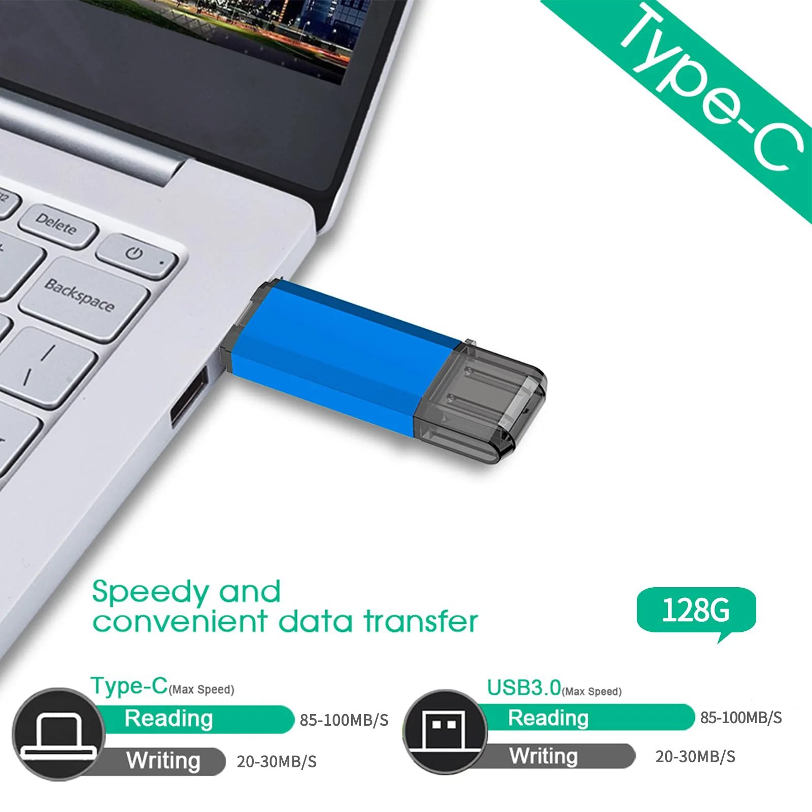 USB C타입 플래시 드라이브, OTG 장치용 고속 전송 속도 및 실제 용량, 64GB, 128GB