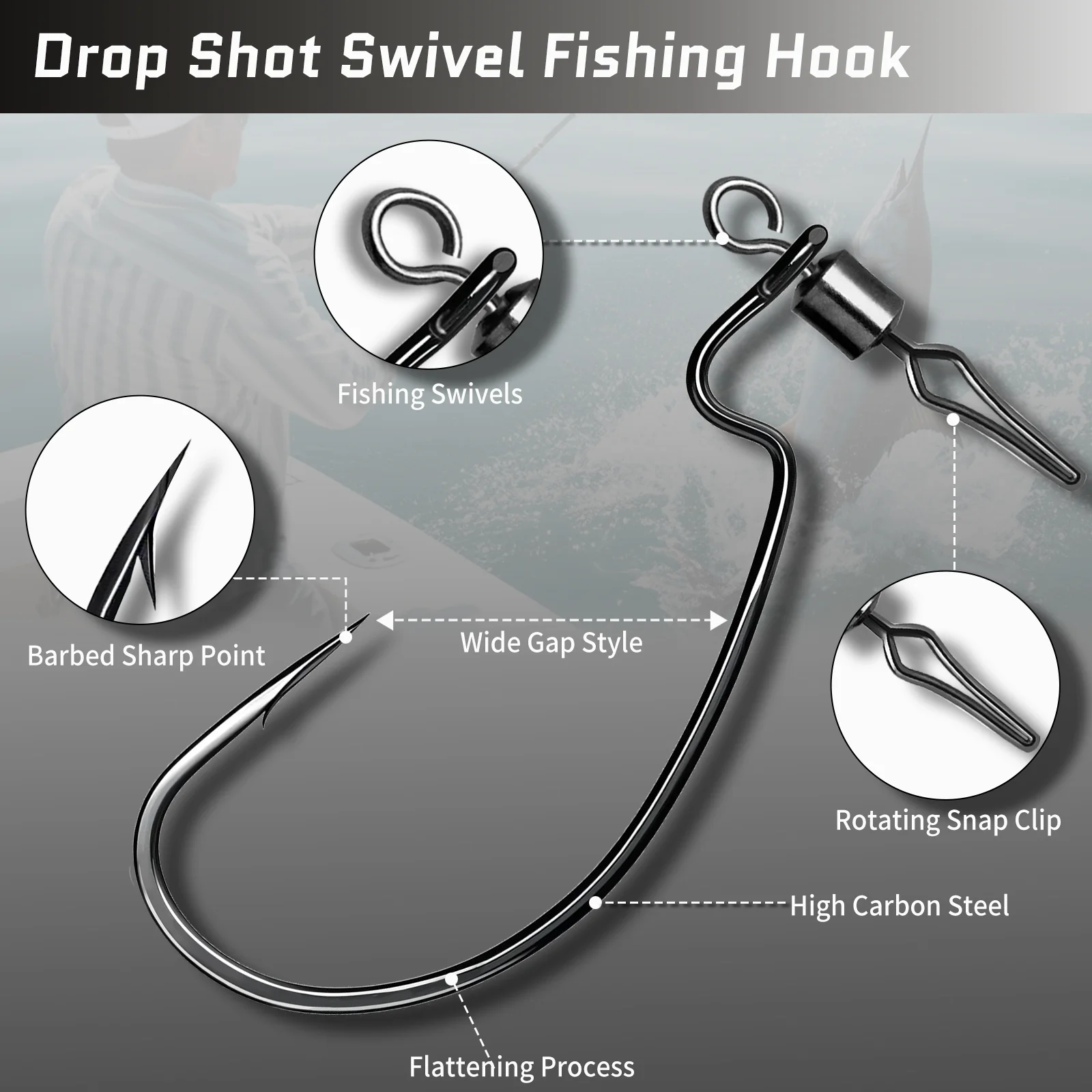 FishTrip EWG Worm Hook with Rolling Swivel Snap Offset Hook Swivel Wide Gap for Bass Lure Bait Hook Texas Carolina Rig Saltwater
