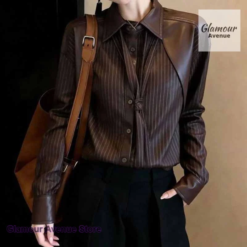 

French personality coffee color shirt leather stitching shirt women's spring and autumn new retro lapel long-sleeved loose top