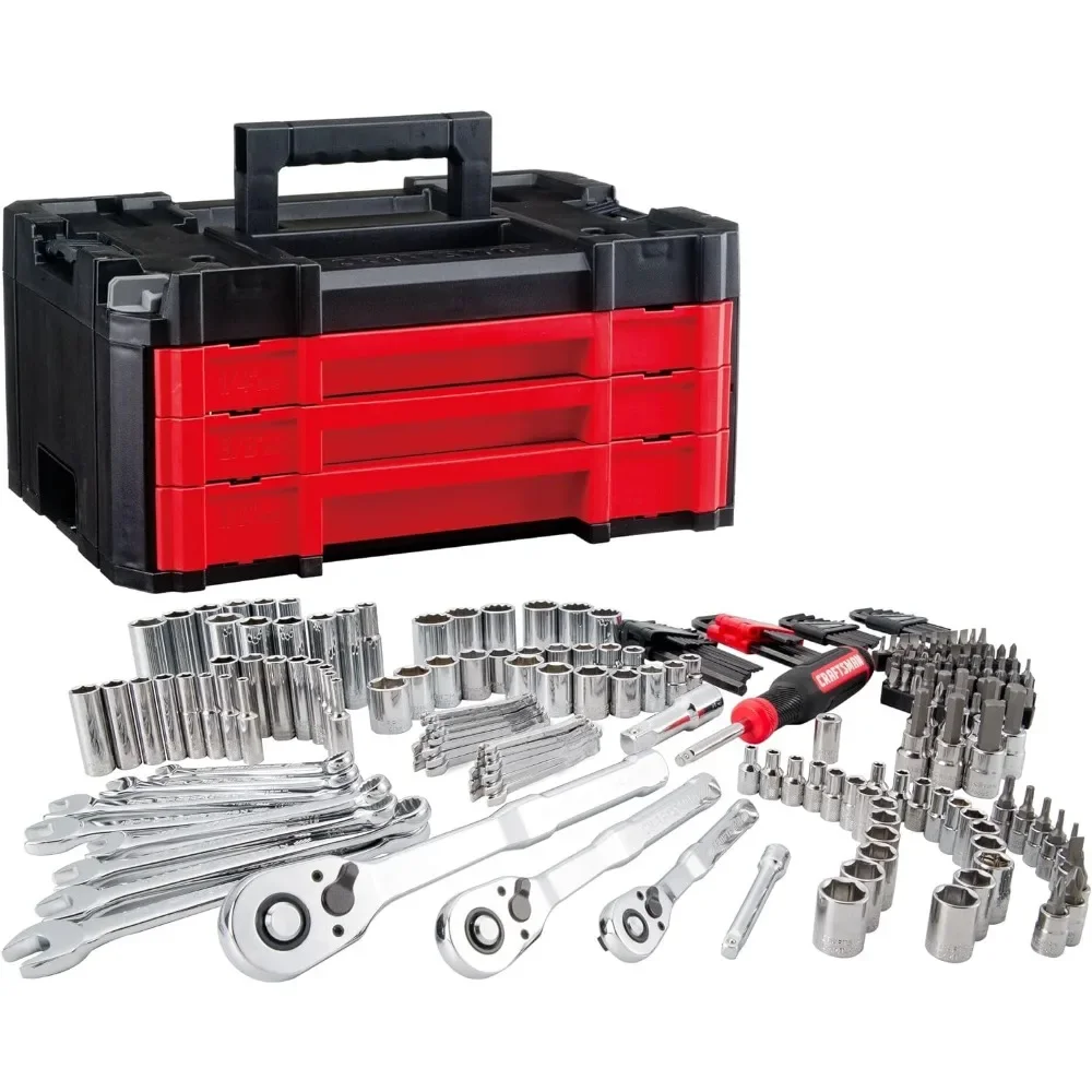 

All in One Mechanics Set Tool Set 1/4 in 3/8 in And 1/2 in Drive 230 Piece One Handed Locking Dial 72-tooth Ratchet