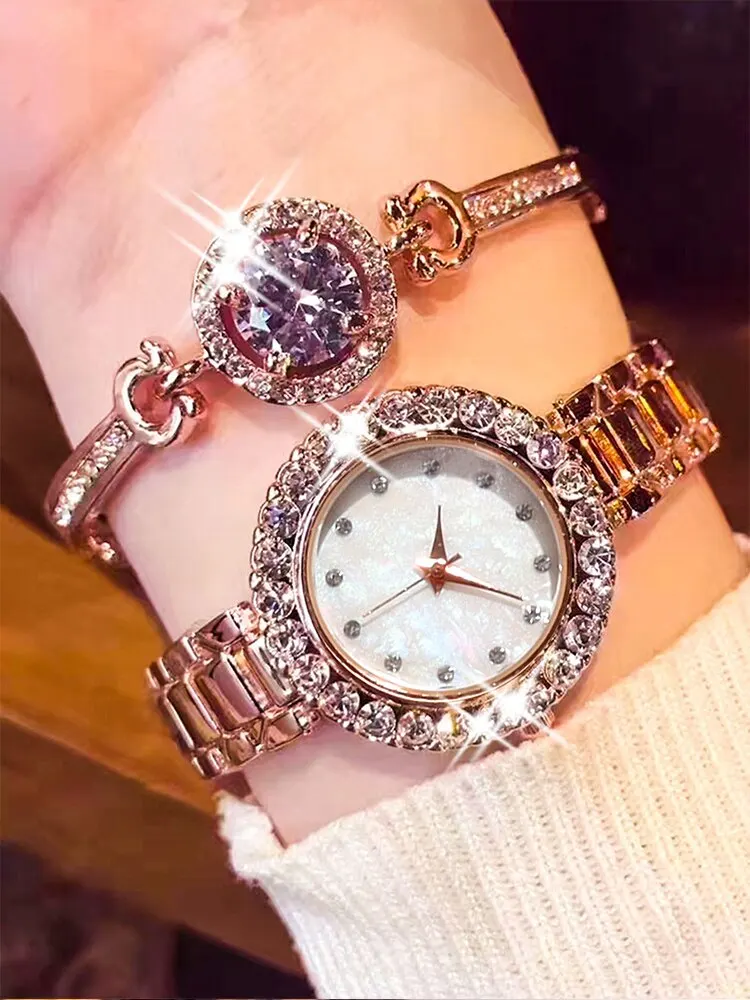 2PCs Fashion Versatile Diamond Inlaid Women's Rose Gold Steel Band Quartz Watch with Bracelet Set