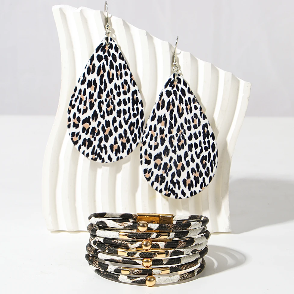 ALLYES Vintage Leopard Earrings Leather Bracelet for Women Bohemian Multilayer Wrap Wide Bracelets Earrings Jewelry Gifts