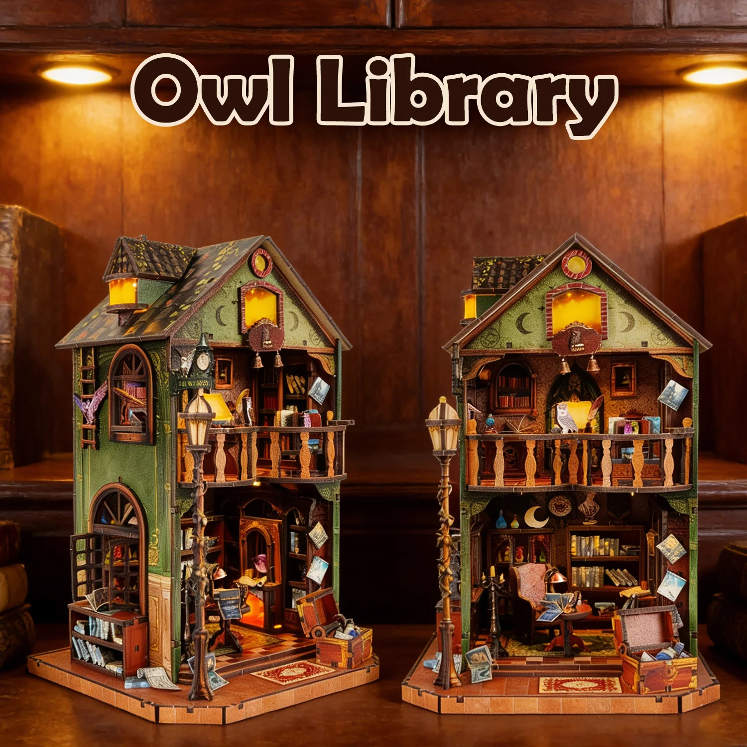 DIY Wooden Owl Library Casa Miniature Model Kits With Furniture LED Lights Magic Dollhouse for Friends Birthday Gifts