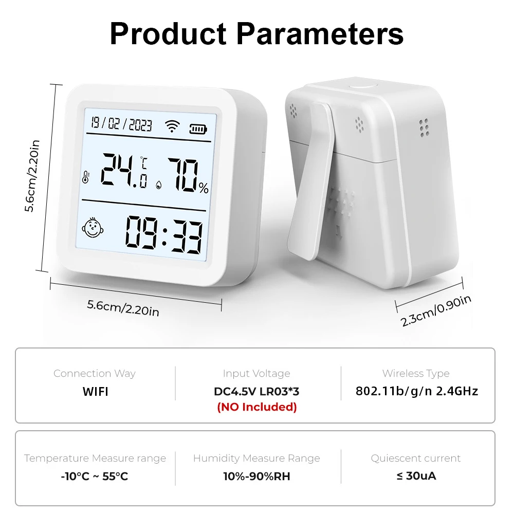 Sensor de Temperatura e Umidade Inteligente Tuya WIFI com Luz de Fundo, Termômetro Compatível com Smart Life, Alexa e Google Assistant