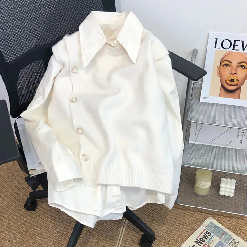 2025 frühling Herbst Neue Gestrickte Weste Hemd Zwei-Stück Set Weibliche Abnehmen Pullover Design Gefühl Seite Schnalle Einfarbig frauen 2
