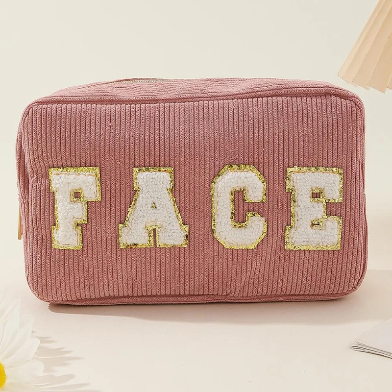 1PC Towel Embroidered Letter Corduroys Wash And Makeup Bag