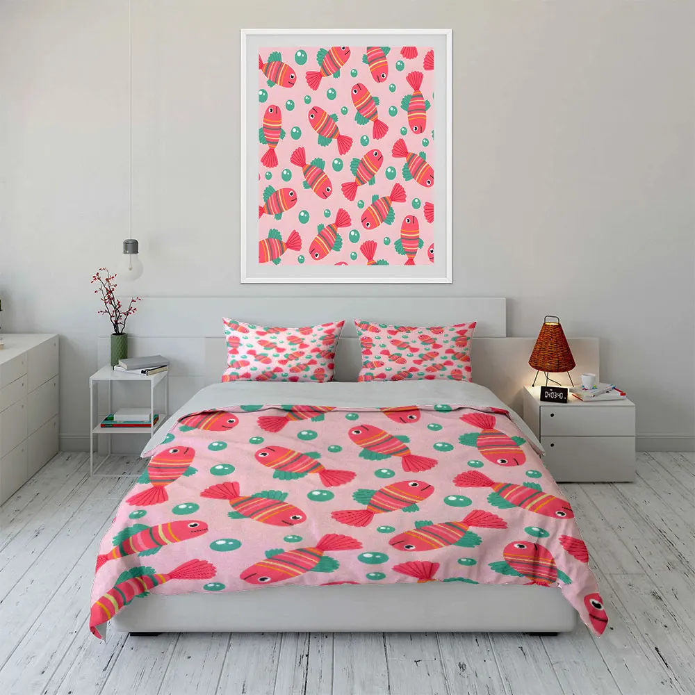 Colorful striped cartoon fish with bubbles Print Soft Comfortable Duvet Cover Bedding Set Included 1*Duvet Cover 2*Pillowcases