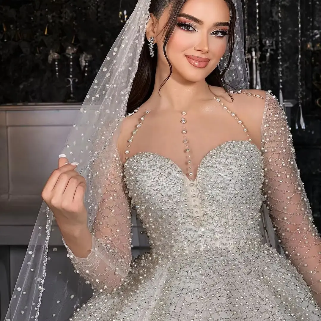 FATAPAESE Customzied Luxury Princess Wedding Dress Illusion-neck Sparking Beaded Pearl Crystals  Bodice Sweetheart Bridal Gown