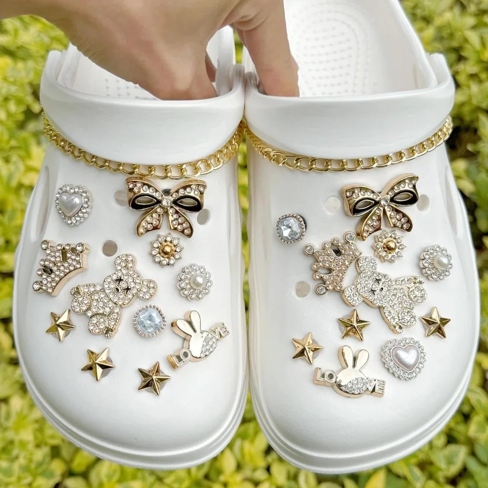 24PCS Luxury Design Shoe Charms Set Accessories for Clogs Shoe Buckle Gold Plated Bear Rhinestone Bow Chain DIY Shoes Decoration image 2
