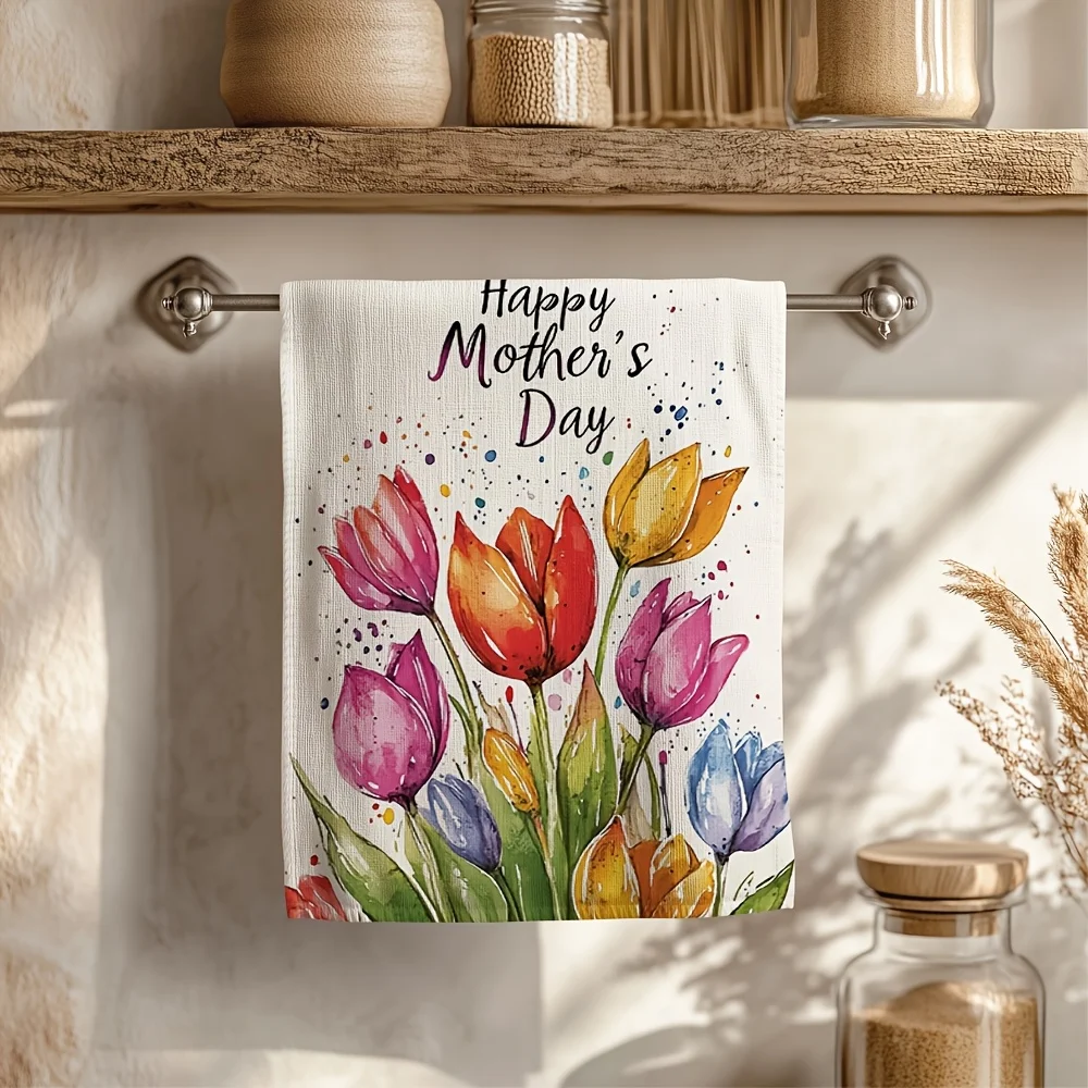 1pc Watercolor Tulip Happy Mother'sDay Scrub Cloth,FaceHand Towel,Must-Have for HomeTravel,Perfect for Kitchen,Bathroom,Dorm,Gym