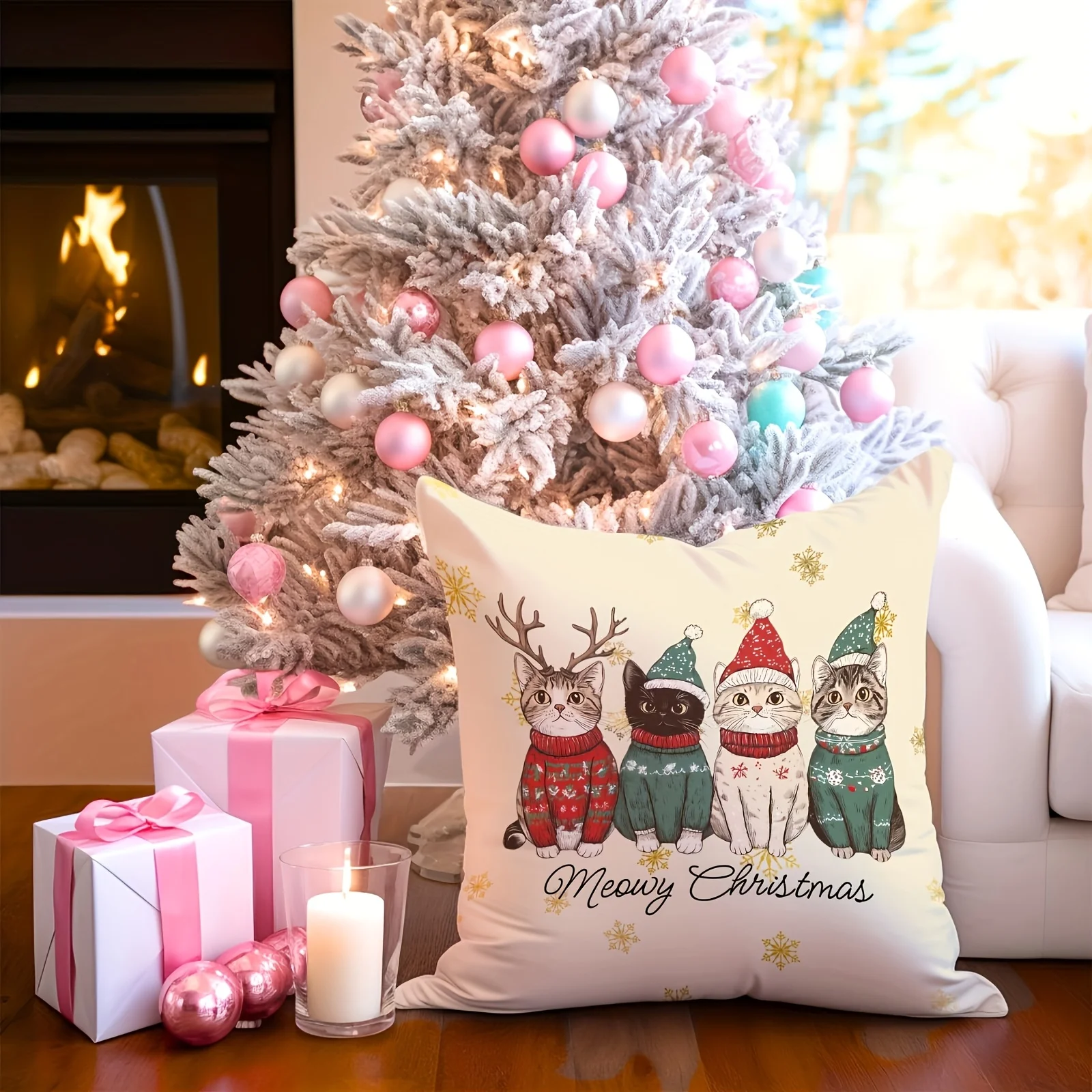 Adorable Christmas Cat Reindeer Throw Pillow Cushion Cover Square Pillowcase Festive Holiday Animal Decor Home Gift Xmas Seasona